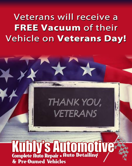 Veterans will receive a FREE Vacuum of their vehicle on Veterans Day